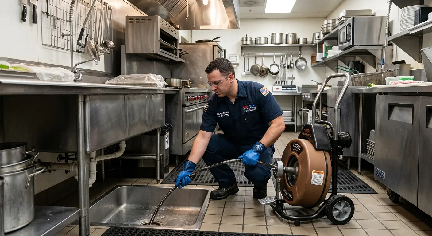 Commercial drain cleaning service in a restaurant kitchen in La Grange