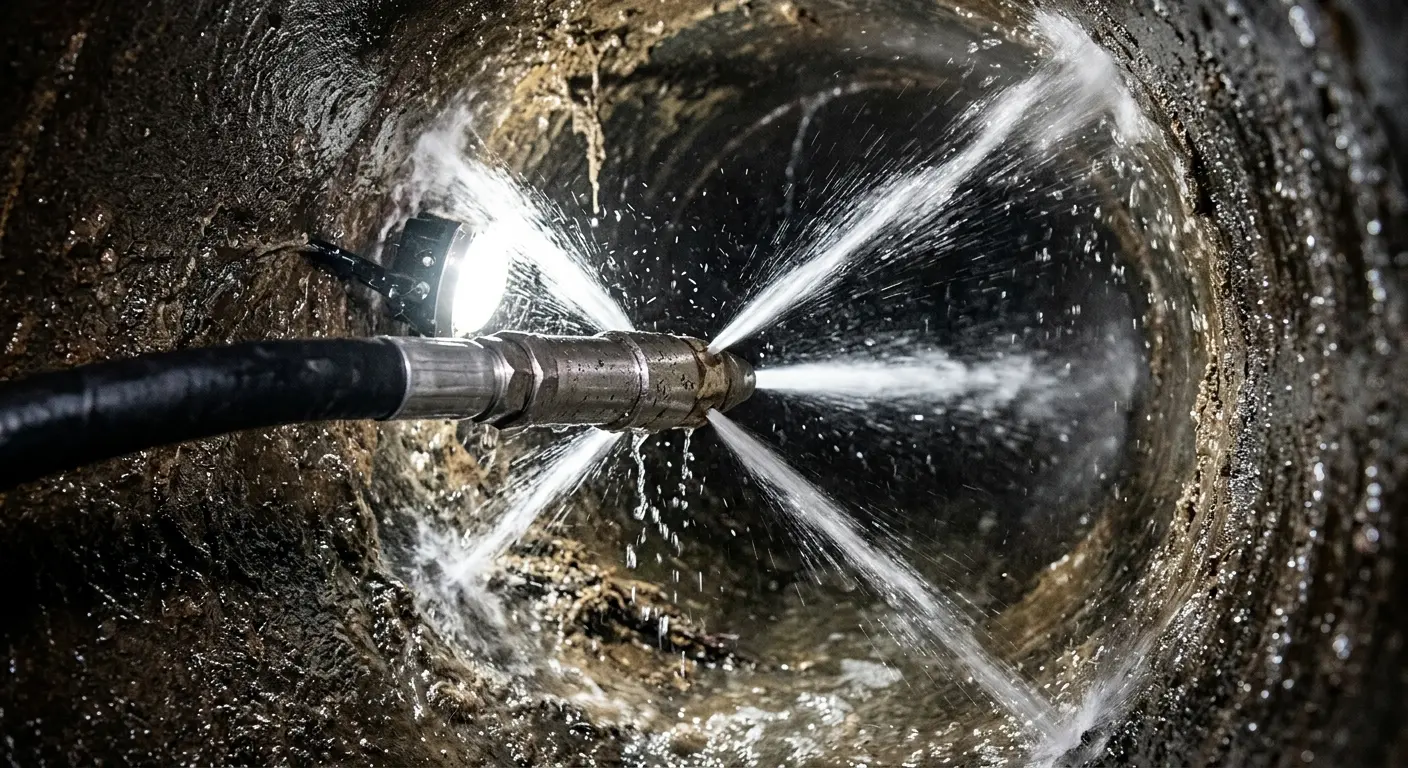 High-pressure hydro jetting nozzle cleaning sewer pipe for Storm Drain Cleaning in La Grange