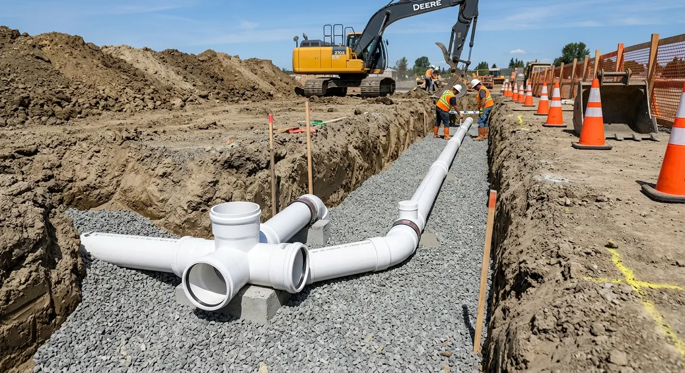 New PVC sewer pipe installation in open trench for Commercial Drain Cleaning in La Grange